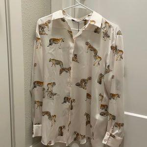 Zara Tiger Button Up Silk Blouse